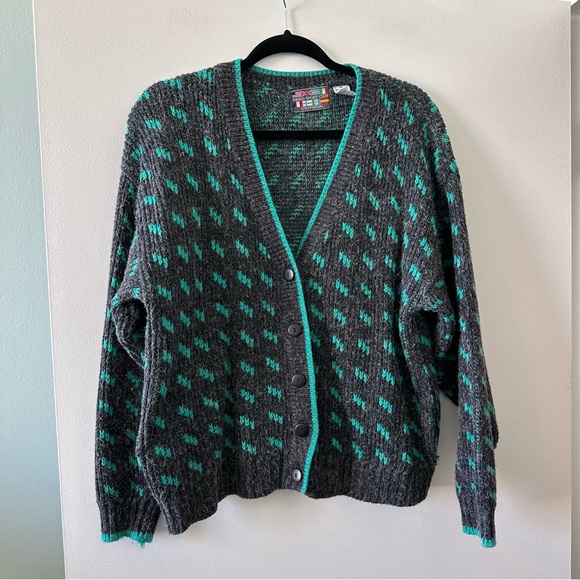 Vintage Sweaters - Vintage Cozy Gray and Teal Patterned Unisex Cardigan Sweater
